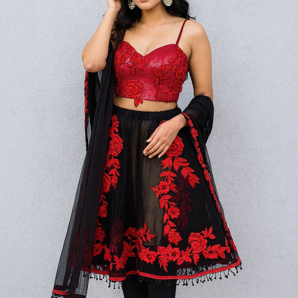 Lace Red and Black Palazzo and Lehenga Set